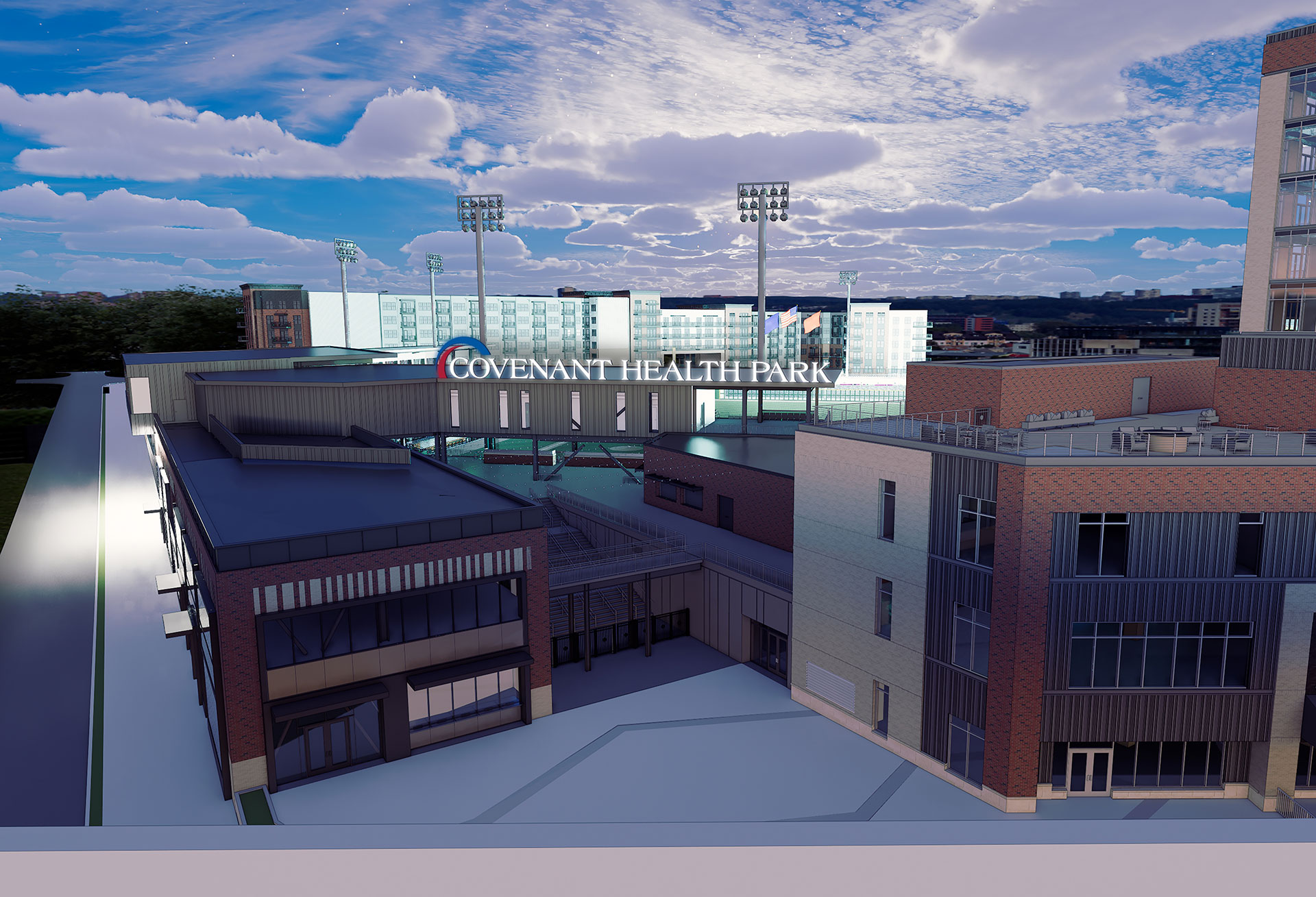 Covenant Health Park rendering of baseball stadium at night